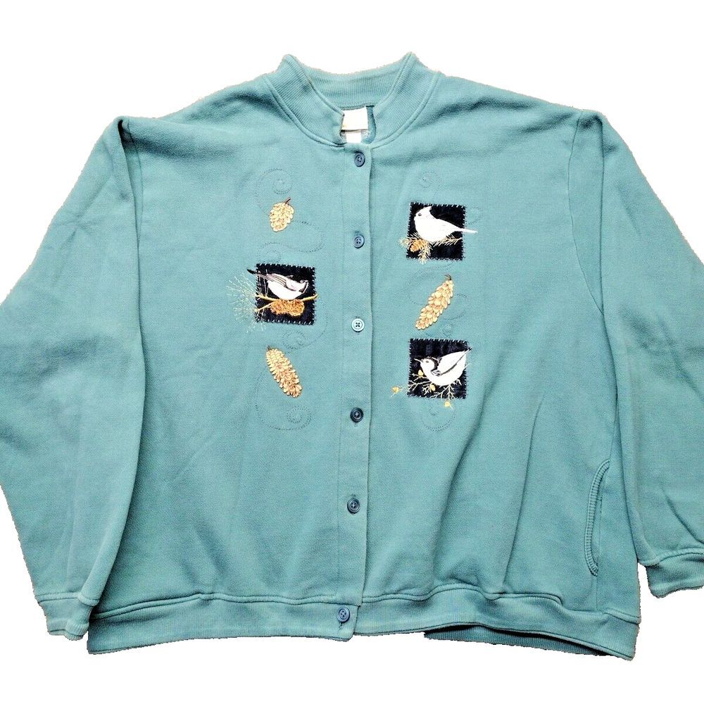 Vtg Wild Birds Sweatshirt Women Xl No Size Tag Artisans Chickadee Nuthatch Jay